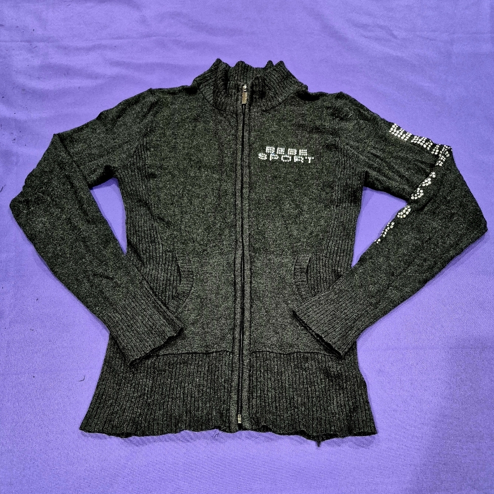 Bebe Sport Crystals Logo Dark Grey Zip Up Sweater - Small.